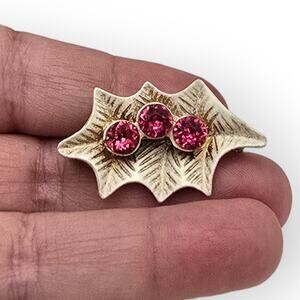 Dodd Holly Leaf Brooch White Metal Pink Stones Vintage Holiday Botanical